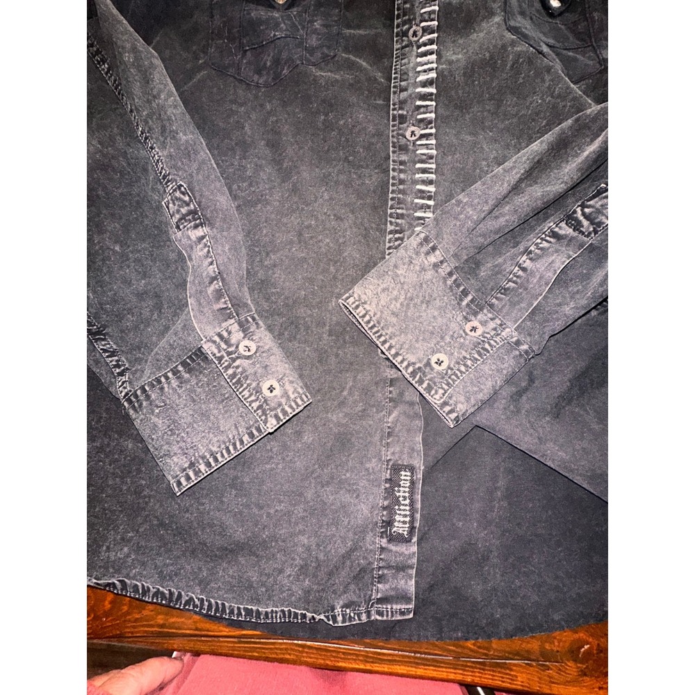 Affliction Mens XXL Black Acid Wash Graphic Back Button Down Shirt Epaulettes - Picture 4 of 9